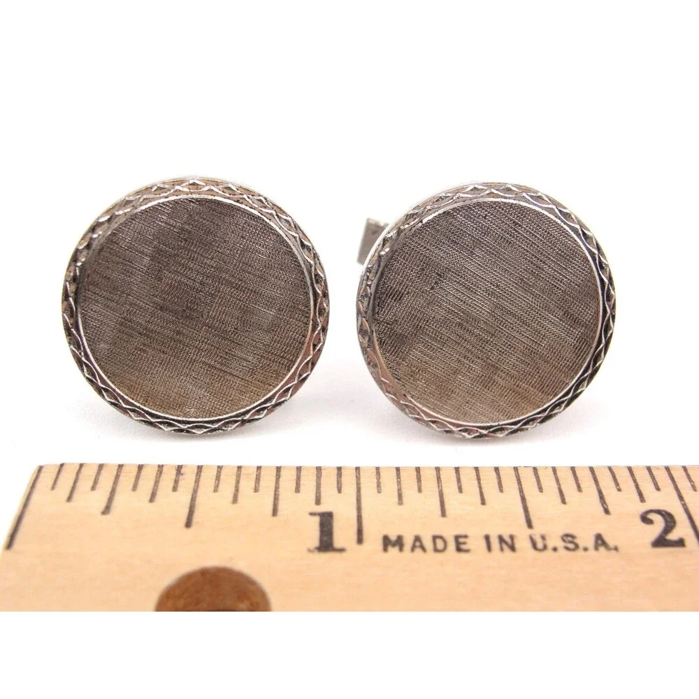 Vintage Sterling Silver Round Cufflinks Brush Textured Face Diamond Cut Edge MCM